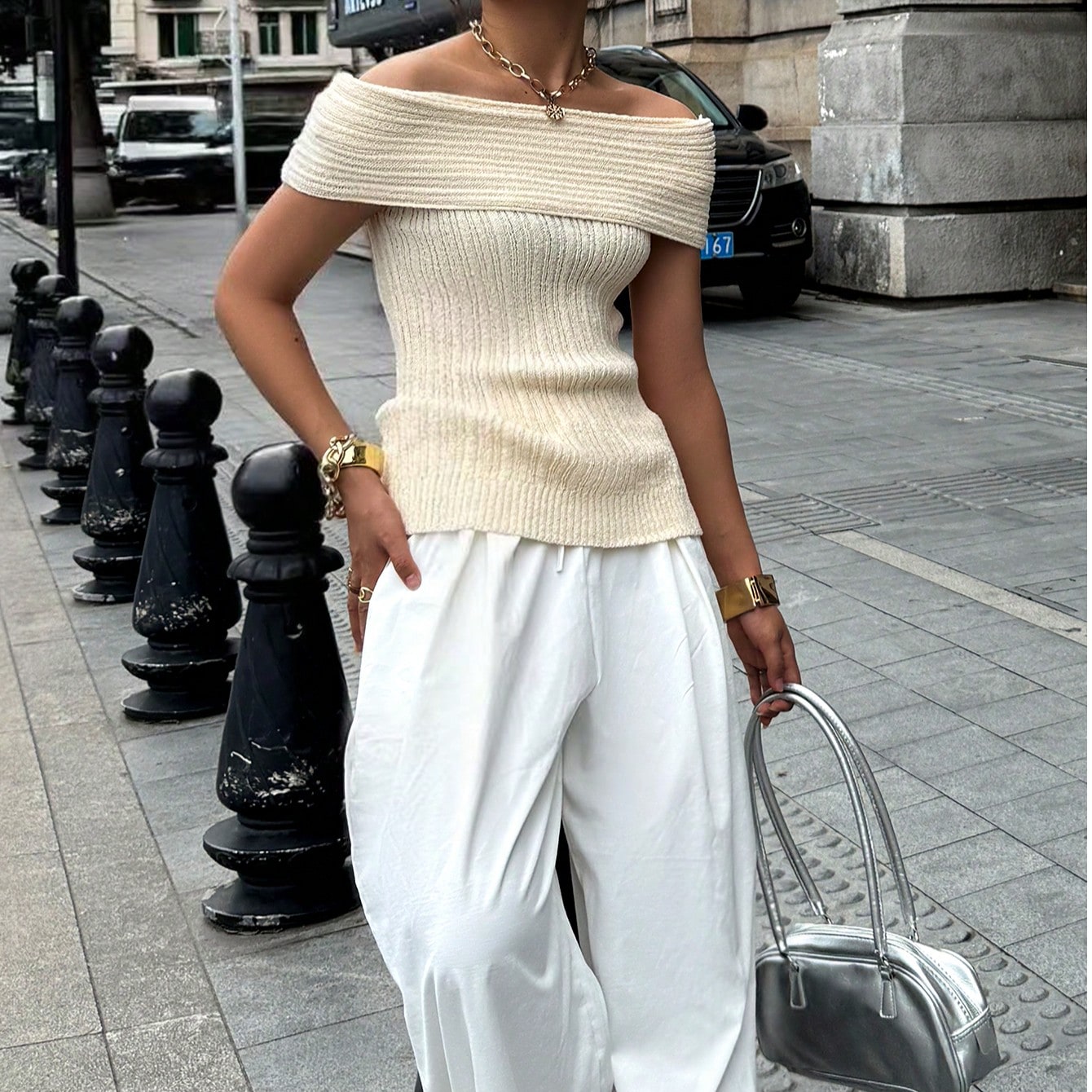CoreRevo Women's Off The Shoulder Sweater Sleeveless Fold Over Going Out Chic Tops - Image 5